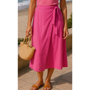 A New Day Wrap Skirt Linen Midi XL Pink Boho Coastal Vaca Resort Pilates Beach
